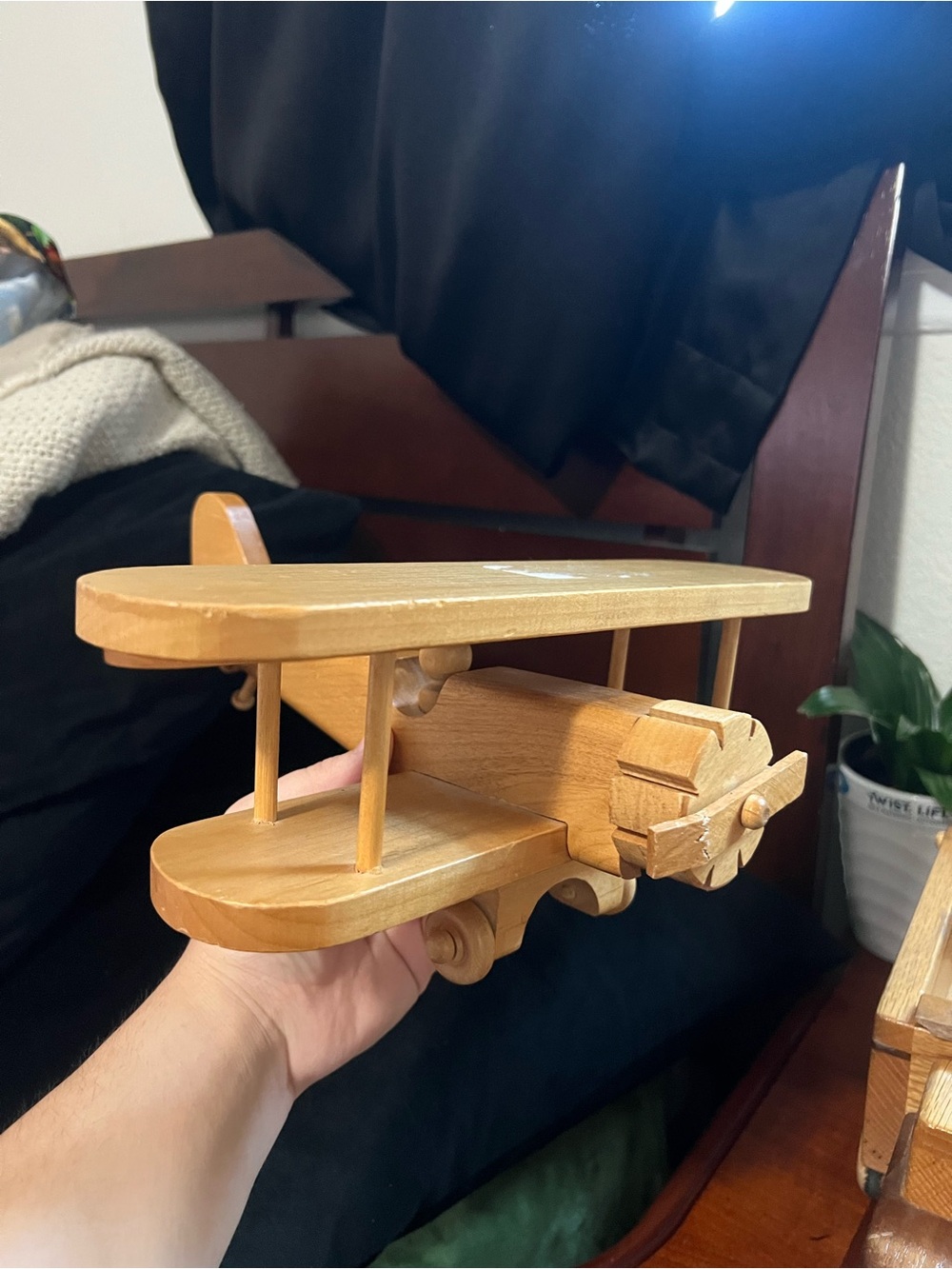 Vintage Wooden Biplane Toy - Natural Finish